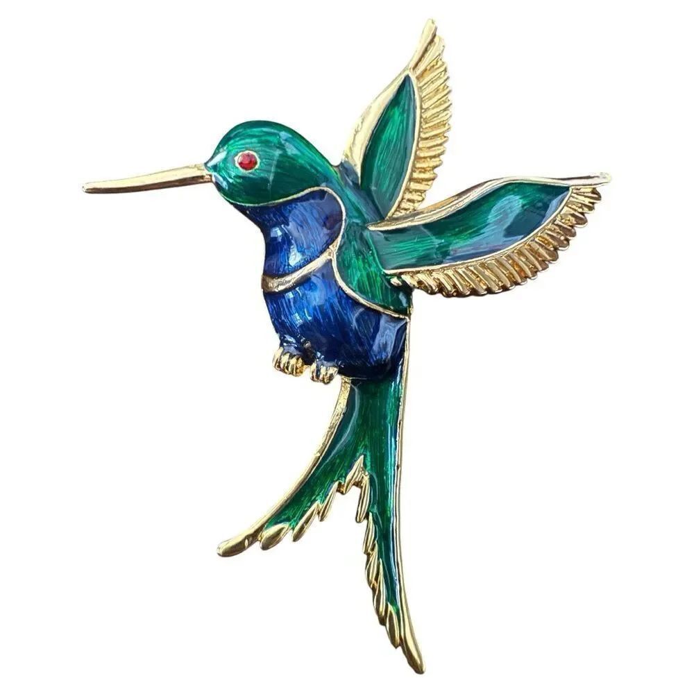 Vibrant Hummingbird Enamel Brooch – Green & Blue with Gold-Tone Accents